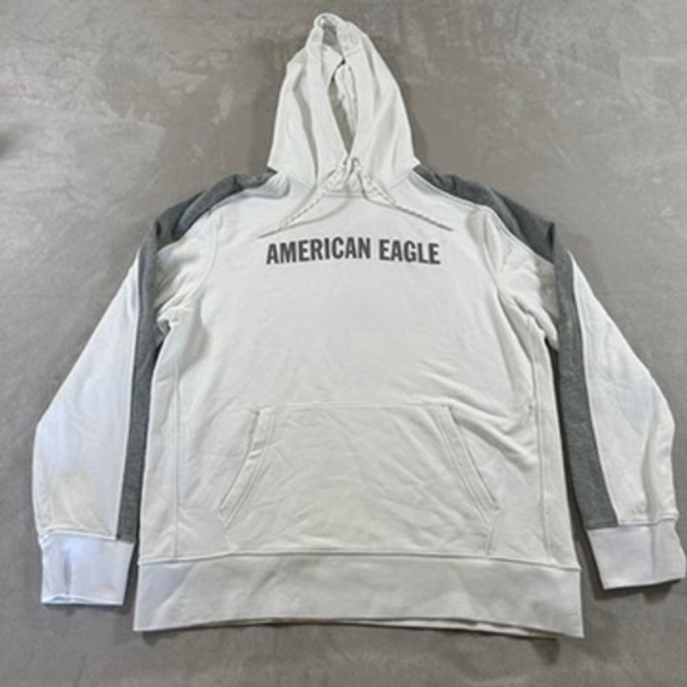 American Eagle Hoodie Mens Large White Grey Colorblock Logo Sweatshirt